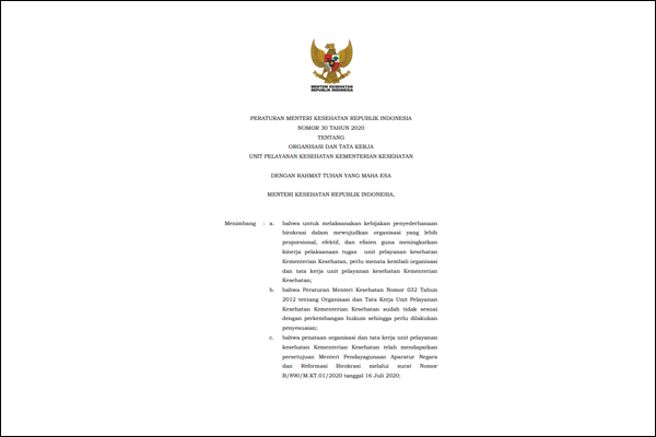 PERATURAN MENTERI KESEHATAN REPUBLIK INDONESIA NOMOR 30 TAHUN 2020 TENTANG ORGANISASI DAN TATA KERJA UNIT PELAYANAN KESEHATAN KEMENTERIAN KESEHATAN