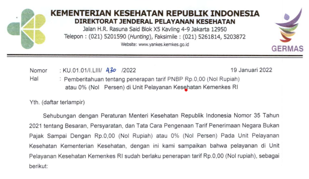 Surat Edaran Penerapan Tarif PNBP Rp. 0 (Nol Rupiah) atau 0% di UPK